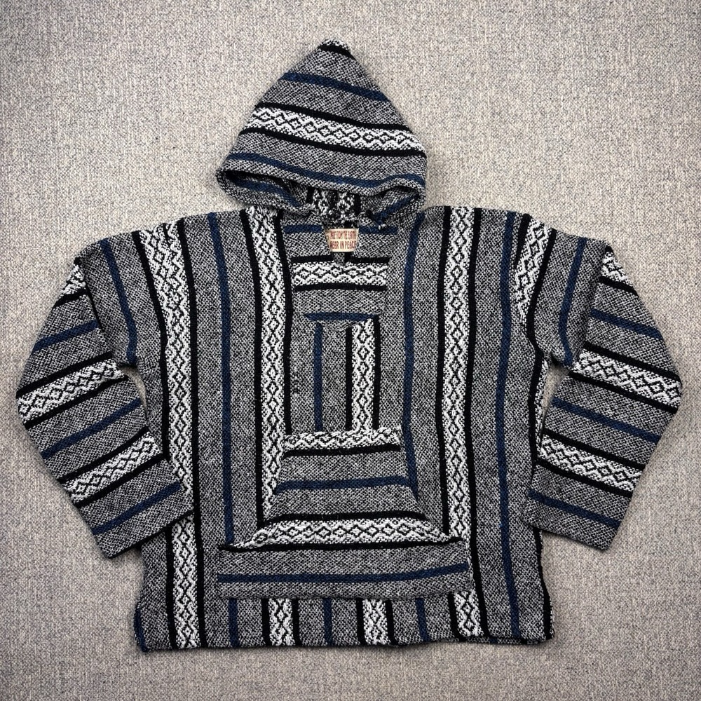 Baja Joe Mexican Hoodie Drug Rug Pullover Hoodie Poncho Blue Gray Black Large